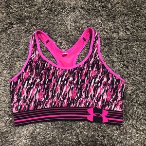 pink and black patterned under armour sports bra